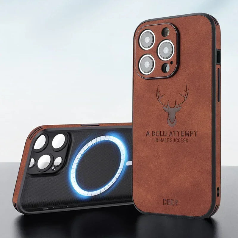 Vintage PU Leather Deer for Magsafe Wireless Charge Case for iPhone 17 16 15 14 13 12 11 Pro Max 17Pro 15Pro 14Pro Full Covers