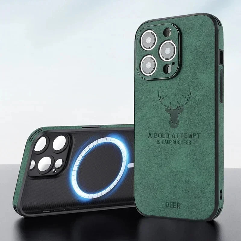 Vintage PU Leather Deer for Magsafe Wireless Charge Case for iPhone 17 16 15 14 13 12 11 Pro Max 17Pro 15Pro 14Pro Full Covers