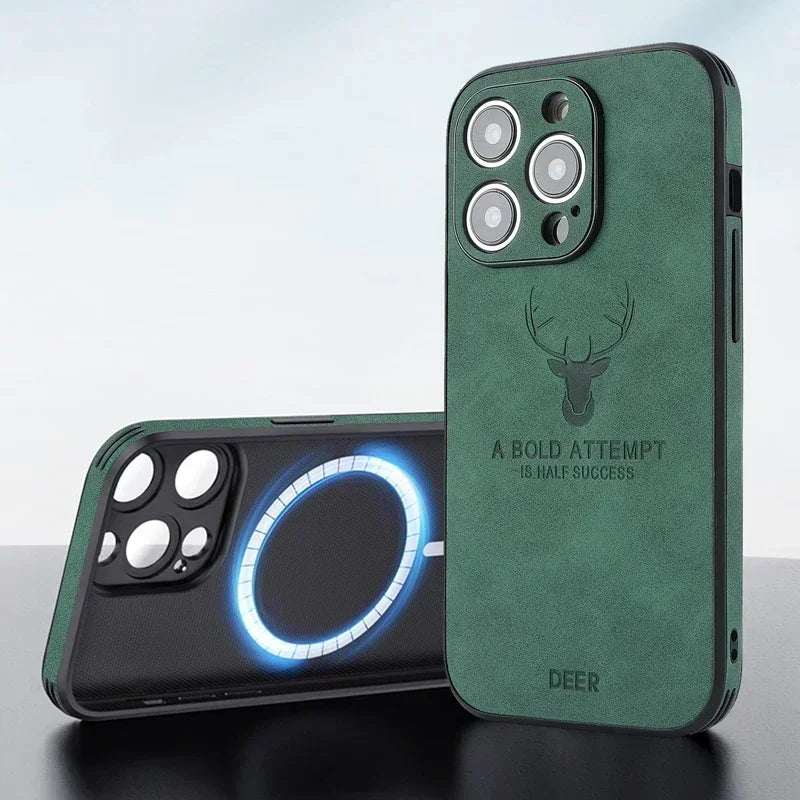 Vintage PU Leather Deer for Magsafe Wireless Charge Case for iPhone 17 16 15 14 13 12 11 Pro Max 17Pro 15Pro 14Pro Full Covers