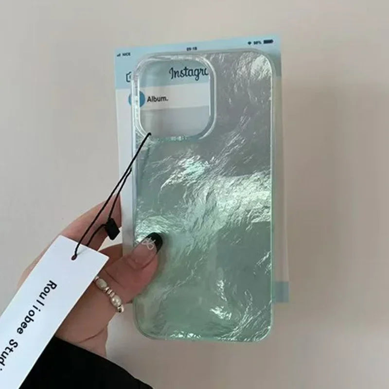 Mint Green Gradient Phone Case for IPhone 17 16 15 14 13 12 11 Pro Max 17 Air 14 Plus 16E Vortex Texture Silver Plated Cover