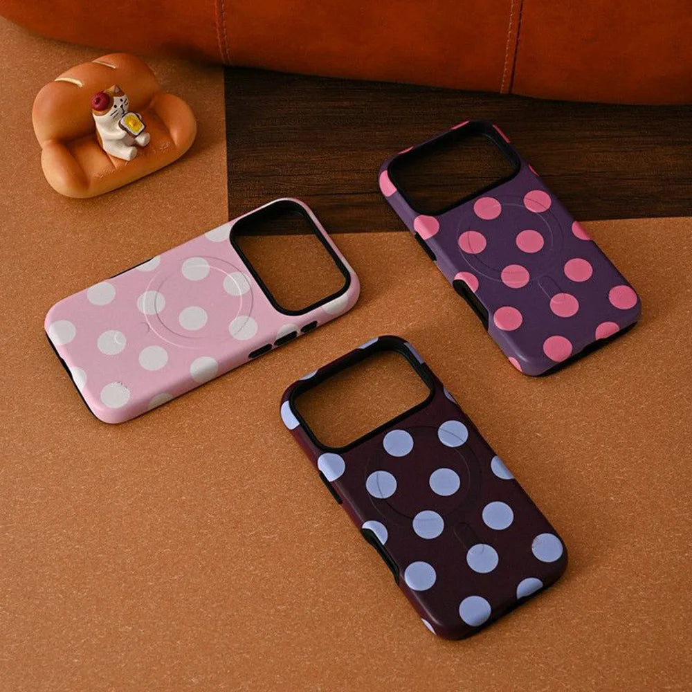 Korean solid color polka dots Phone Case for iPhone 17 16 15 14 13 12 11 Pro Max Plus Air Luxury Magnetic Double-layer Cover