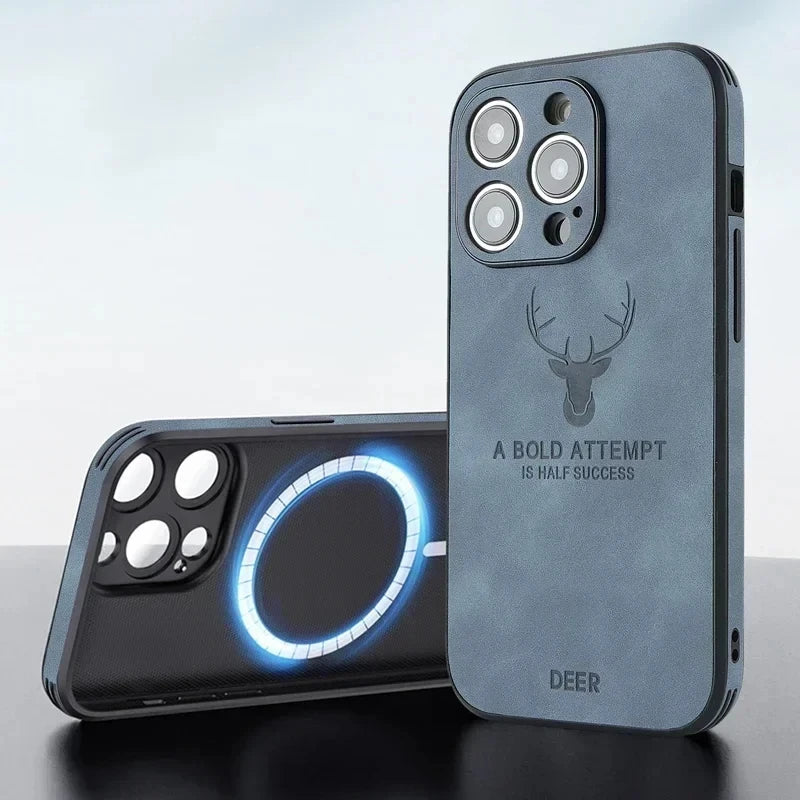 Vintage PU Leather Deer for Magsafe Wireless Charge Case for iPhone 17 16 15 14 13 12 11 Pro Max 17Pro 15Pro 14Pro Full Covers