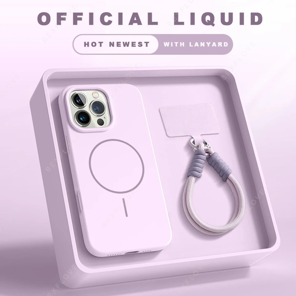 Official Lanyard Magnetic Phone Case For iPhone 15 14 16 Plus 11 12 13 16 Pro Max Silicone Magsafe Strap Protector Soft Cover