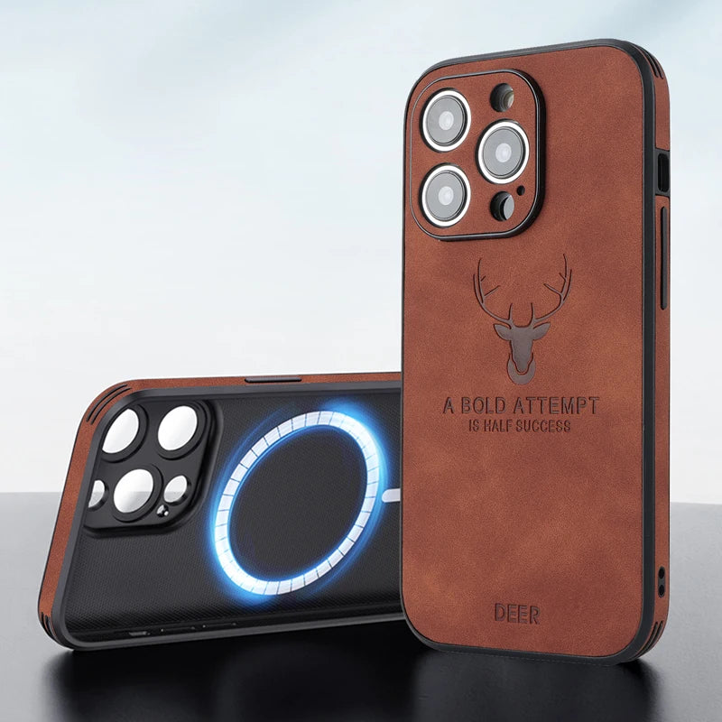Vintage PU Leather Deer for Magsafe Wireless Charge Case for iPhone 17 16 15 14 13 12 11 Pro Max 17Pro 15Pro 14Pro Full Covers
