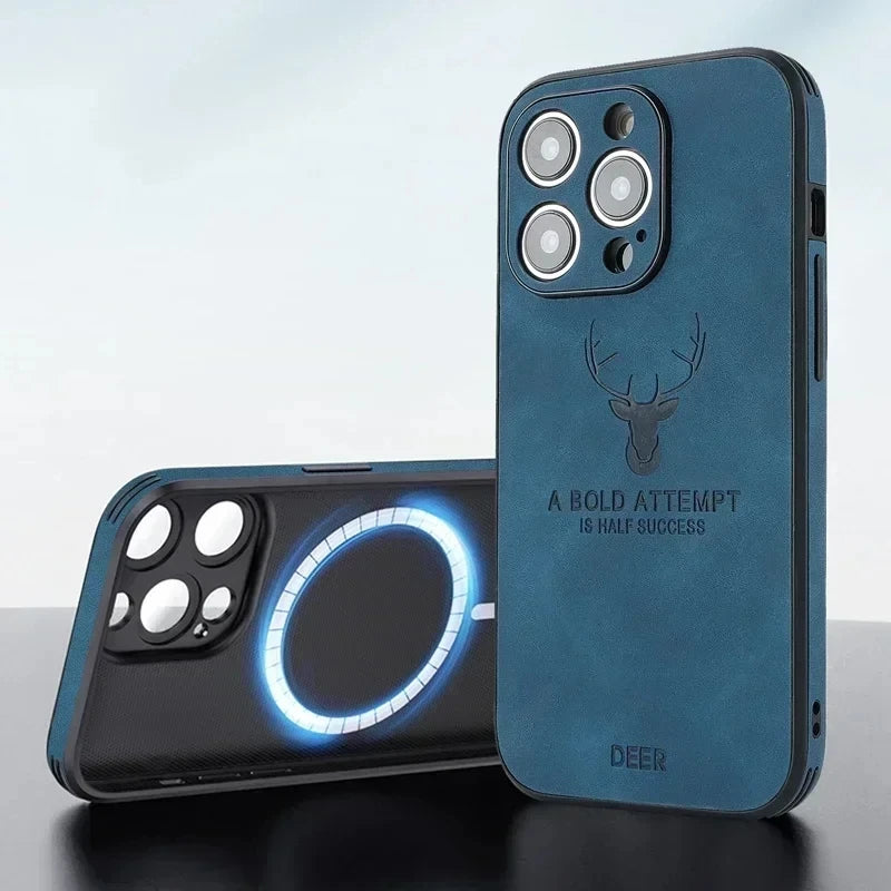 Vintage PU Leather Deer for Magsafe Wireless Charge Case for iPhone 17 16 15 14 13 12 11 Pro Max 17Pro 15Pro 14Pro Full Covers